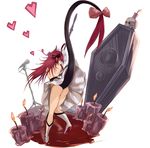 absurdres ass back bare_shoulders black_panties blue_eyes boots candle coffin dragon_girl dragon_horns dragon_tail elizabeth_bathory_(fate) elizabeth_bathory_(fate)_(all) fate/extra fate/extra_ccc fate_(series) fire from_behind full_body heart high_heels highres horns long_hair looking_at_viewer looking_back microphone microphone_stand panties pointy_ears red_hair simple_background skull smile solo spikes tail underwear white_background white_footwear yatsuka_(846) 