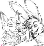  2017 anthro black_and_white buckteeth canine clothed clothing disney female fox group group_hug hug judy_hopps lagomorph looking_at_viewer male mammal max_midnight monochrome nick_wilde notched_ear open_mouth open_smile rabbit signature simple_background smile spintherella teeth white_background zootopia 