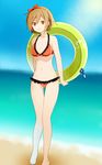  beach bikini blush bow breasts brown_eyes brown_hair cleavage collarbone day eyelashes green_innertube hair_between_eyes hair_bow inflatable_toy innertube looking_at_viewer medium_breasts meiko navel outdoors redbear07 short_hair solo sun swimsuit unfinished vocaloid water 