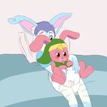  anthro bed blonde_hair blue_eyes blush butt butt_grab clothing cub cuddling diaper embarrassed fur hair hand_on_butt hat humanoid hylian inner_ear_fluff kay lagomorph launny link_(rabbit_form) male male/male mammal nintendo open_mouth pillow pink_fur rabbit red_eyes shirt simple_background size_difference smile spreading sweat the_legend_of_zelda video_games young 
