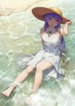  barefoot black_light dress hand_on_headwear hat highres jewelry long_hair looking_at_viewer monster_strike ocean partially_submerged pendant purple_eyes purple_hair signature sitting solo straw_hat water 