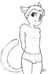  2017 alec8ter anthro black_and_white blush briefs bulge cassidy_(alec8ter) cat clothed clothing feline hands_behind_back inner_ear_fluff looking_at_viewer male mammal monochrome signature simple_background solo topless underwear white_background 