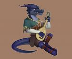  anthro clothed clothing dragon guitar horn korichi male musical_instrument simple_background solo teeth 