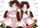  2boys 2girls black_hair blue_eyes bocodamondo cape dragon_ball dragonball_z dual_persona fingerless_gloves gloves great_saiyaman multiple_boys multiple_girls short_hair short_twintails smile sunglasses twintails videl 