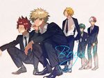  absurdres alternate_costume bakugou_katsuki black_neckwear black_pants blazer boku_no_hero_academia collared_shirt en_(21534962) full_body highres jacket kaminari_denki kirishima_eijirou midoriya_izuku multiple_boys necktie pants shirt shoes simple_background todoroki_shouto tuxedo white_background 