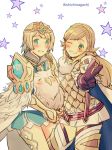  2girls absurdres armor bird blonde_hair blue_eyes blush braid brown_gloves cape crown crown_braid dress earrings feather_trim feh_(fire_emblem_heroes) fire_emblem fire_emblem_heroes fjorm_(fire_emblem_heroes) gloves grin highres jewelry long_hair multiple_girls nintendo nishimura_(nianiamu) one_eye_closed owl parted_lips sharena short_dress short_hair skirt smile star twitter_username v white_skirt 