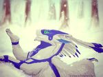  deanosaior digital_media_(artwork) dragon feathered_dragon feathers feral fur furred_dragon green_eyes horn purple_fur smile solo teeth white_feathers white_fur 