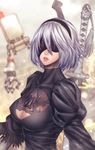  black_blindfold black_dress black_hairband blindfold blurry breasts cleavage cleavage_cutout commentary depth_of_field dress facing_viewer feather-trimmed_sleeves hairband juliet_sleeves lips long_sleeves medium_breasts mole mole_under_mouth nier_(series) nier_automata parted_lips pod_(nier_automata) puffy_sleeves short_hair silver_hair tassel turtleneck upper_body weapon weapon_on_back white_hair yorha_no._2_type_b zucchini 