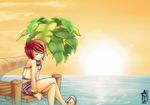  bare_legs belt blush bracelet choker closed_eyes crossed_legs dock downscaled jewelry kairi_(kingdom_hearts) kingdom_hearts md5_mismatch midriff necklace ocean palm_tree pendant purple_belt purple_shorts purple_skirt red_hair resized shirt short_hair shorts shorts_under_skirt sitting skirt sky sleeveless smirk sunset thighs tree undershirt water white_shirt wristband 