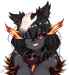  ;) animal_ears bare_shoulders black_hair black_sclera black_skin burning_eyes collar disembodied_limb dog_ears eyebrows_visible_through_hair fur grin haelequin hand_on_another's_head hellhound highres long_hair looking_at_viewer monster_girl monster_girl_encyclopedia one_eye_closed parted_lips petting pov red_eyes shiny shiny_hair signature smile spiked_collar spikes teeth transparent_background upper_body 