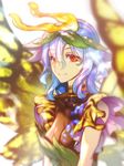  blue_hair breasts brown_eyes butterfly_hair_ornament butterfly_wings commentary_request dress eternity_larva green_dress hair_ornament leaf leaf_hair_ornament leaf_on_head medium_breasts smile solo touhou wings yellow_wings zounose 