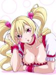  blonde_hair breasts choker cleavage cure_peach earrings fresh_precure! hair_ornament heart heart_earrings heart_hair_ornament highres jewelry long_hair looking_at_viewer magical_girl medium_breasts momozono_love open_mouth ozaneko pink_eyes precure solo twintails 