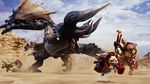  armor barrel desert diablos felyne highres horns monster monster_hunter monster_hunter_xx multiple_boys official_art sword weapon 