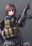  black_legwear blue_eyes brown_hair commentary_request cz-805 dreadtie gloves gun highres original pantyhose scarf short_hair signature simple_background smile solo standing weapon 