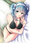  ass_visible_through_thighs black_bra black_panties bra breasts cleavage green_eyes green_hair highres isuzu_(kantai_collection) kantai_collection large_breasts lying on_side open_mouth panties perspective smile solo tatsu_shinomu thigh_gap twintails underwear 