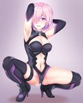  :o armor armored_boots armpits arms_behind_head arms_up ass_visible_through_thighs bangs bare_shoulders black_gloves black_legwear black_leotard boots breasts breath cleavage cleavage_cutout colored_eyelashes crotch elbow_gloves embarrassed fate/grand_order fate_(series) full_body gloves gorget gradient gradient_background grey_background groin_tendon hair_over_one_eye halterneck high_heels highres lavender_hair legs leotard looking_at_viewer mash_kyrielight medium_breasts navel navel_cutout purple_eyes pussy_juice raised_eyebrows saliva shadow short_hair sideboob solo spread_legs squatting steam steaming_body sweat thigh_strap thighs wavy_mouth zuizhong 