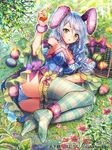  animal_ears ass basket blue_hair bow breasts bunny_ears bunny_girl bunnysuit cleavage day detached_sleeves easter_egg egg flower grass green_eyes holding_egg interitio long_hair medium_breasts no_shoes official_art on_ground outdoors pink_bow plaid plaid_legwear solo sunlight tenka_touitsu_chronicle thighs wristband 