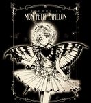  antennae butterfly_wings copyright_name dress eternity_larva flower_bracelet french gloves hair_ornament jewelry kirame_kirai leaf leaf_hair_ornament monochrome necklace open_mouth pleated_skirt short_hair skirt smile solo touhou translated triangle_mouth wings 
