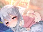  1girl ass bed bed_sheet bedroom blush bow boy_on_top breasts clenched_teeth clothed_female_nude_male eromanga_sensei hair_between_eyes hair_bow heart hetero highres indoors izumi_sagiri kanju long_hair long_sleeves lying navel nude on_bed on_stomach pajamas panties pink_bow pink_eyes pink_panties prone_bone sex sheet_grab shorts shorts_pull side-tie_panties sidelocks small_breasts solo_focus stain string_panties tears teeth thong underwear 