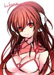  ahoge breasts brown_eyes brown_hair character_name headphones kokone_(vocaloid) long_hair looking_at_viewer medium_breasts mofuruo sleeveless smile solo vocaloid white_background 