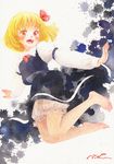  barefoot black_skirt blonde_hair bloomers blouse blush bow feet graphite_(medium) hair_bow hair_ribbon happy long_sleeves misawa_hiroshi necktie open_mouth orange_eyes outstretched_arms red_bow red_ribbon ribbon rumia shirt short_hair skirt skirt_set smile solo texture toes touhou traditional_media underwear vest watercolor_(medium) white_blouse white_shirt wing_collar 