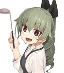  :d alternate_costume alternate_hairstyle anchovy apron bangs black_apron black_ribbon bright_pupils collared_shirt drill_hair eyebrows_visible_through_hair fang from_side girls_und_panzer hair_between_eyes hair_ribbon ladle long_hair long_sleeves looking_at_viewer looking_to_the_side open_mouth ponytail ribbon seramikku shirt simple_background smile solo tsurime upper_body white_background white_shirt wing_collar 