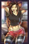  2017 anthro brown_hair canine cellphone clothing female fox hair hybrid iphone legwear mammal midriff miles_df phone red_panda shirt shorts smile solo stockings 