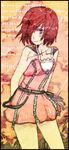  arms_behind_back blue_eyes dress hair_over_one_eye jewelry kairi_(kingdom_hearts) kingdom_hearts necklace pendant pink_dress red_hair short_hair skirt solo text_focus thighs zipper 
