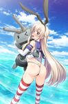  &gt;_o :3 artist_name ass black_hairband black_panties blonde_hair blue_sky blush carrying cloud day elbow_gloves gloves green_eyes hairband hal_(21) highres kantai_collection long_hair no_pants ocean one_eye_closed open_mouth outdoors panties rensouhou-chan shimakaze_(kantai_collection) sky striped striped_legwear thighhighs underwear white_gloves 