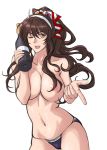  1girl ashigara_(kantai_collection) bottle breasts brown_eyes brown_hair cleavage commentary_request cowboy_shot hair_ribbon hairband highres kantai_collection large_breasts long_hair navel nipples one_eye_closed open_mouth panties purple_panties ribbon side_ponytail sozan topless underwear wavy_hair white_background wine_bottle 