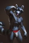  2017 abs anthro armpit_hair armpits black_fur blue_eyes blue_fur bulge chunie claws clothed clothing digital_media_(artwork) flexing fur hi_res jockstrap looking_at_viewer male mammal multicolored_fur muscular muscular_male navel neck_tuft nipples open_mouth pecs penis_outline raccoon simple_background smile solo standing tongue tongue_out topless tuft underwear whiskers white_fur 