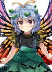  antennae blue_hair brown_eyes butterfly_wings closed_mouth dress e.o. eternity_larva green_dress hair_ornament highres leaf_hair_ornament looking_at_viewer short_hair simple_background smile solo touhou white_background wings 