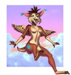  anthro breasts feathered_wings feathers featureless_breasts feline female hybrid lynx mammal nude open_mouth richarddeus solo wings 