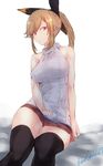  bare_shoulders brown_eyes brown_hair clarisse_(granblue_fantasy) granblue_fantasy hair_ribbon highres kojima_(blue_stardust) ponytail ribbed_sweater ribbon skirt sleeveless solo sweater thighhighs zettai_ryouiki 