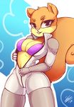  2017 anthro big_breasts big_tail breasts buckteeth cleavage clothed clothing eyebrows eyelashes female looking_at_viewer mammal nickelodeon pink_nose rodent sandy_cheeks secretly_saucy solo spongebob_squarepants squirrel standing teeth undressing 
