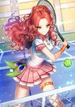  anklet ball copyright_name day green_eyes hair_ornament interitio jewelry long_hair net official_art outdoors peacock_feathers pink_skirt racket red_hair shirt sid_story skirt sparkle standing tennis_ball tennis_court tennis_racket white_shirt 
