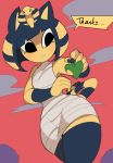  2019 5_fingers animal_crossing ankha_(animal_crossing) anthro blue_hair breasts captainkirb clothed clothing dialogue digital_media_(artwork) domestic_cat egyptian english_text felid feline felis female fur hair hi_res leaf legwear mammal nintendo pose short_hair simple_background small_breasts solo standing text thick_thighs thigh_highs video_games yellow_fur 