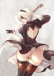  ass back_cutout black_dress black_legwear blindfold boots dress feather-trimmed_sleeves hairband highres holding holding_weapon juliet_sleeves kalalasan lipstick long_sleeves makeup mole mole_under_mouth nier_(series) nier_automata puffy_sleeves short_hair simple_background solo sword thigh_boots thighhighs vambraces weapon white_hair yorha_no._2_type_b 