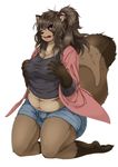  2017 5_fingers anthro belly brown_fur brown_hair clothing cutoffs denim_shorts female fluffy fluffy_tail fur hair hairband hand_on_chest kemono kneeling long_hair looking_at_viewer mammal markings messy_hair navel open_mouth overweight overweight_female ponytail purple_eyes raccoon shorts simple_background socks_(marking) solo teeth white_background きくらげ。 