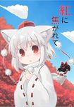  absurdres animal_ears autumn_leaves bad_id bad_twitter_id detached_sleeves dress hakurei_reimu hat highres inubashiri_momiji kibisake multiple_girls parted_lips red_eyes short_hair tokin_hat touhou white_hair wide_sleeves wolf_ears 