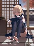  :d ahoge arm_guards armpits autumn bangs bare_shoulders barefoot black_bow black_legwear black_panties black_scarf blonde_hair blurry blurry_background bottle bow commentary_request cup day drinking_glass fate/grand_order fate_(series) feet fence hair_bow highres indoors japanese_clothes kimono knees_up koha-ace leg_hug looking_at_viewer okita_souji_(fate) okita_souji_(fate)_(all) open_mouth panties pantyshot pantyshot_(sitting) qiongsheng round_teeth scarf shelf shin_guards short_hair short_kimono shouji sitting sleeveless sleeveless_kimono sliding_doors smile soles solo sunlight tatami teeth thighhighs thighs toeless_legwear toes underwear white_kimono yellow_eyes 
