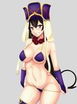  adjusting_clothes adjusting_swimsuit beads bikini black_hair blue_bikini breasts earrings eyebrows_visible_through_hair fate/grand_order fate_(series) fosamaguna hat highres hoop_earrings jewelry large_breasts long_hair necklace prayer_beads purple_eyes simple_background solo swimsuit thighhighs xuanzang_(fate/grand_order) 