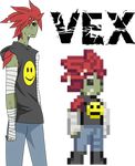  2017 bandage clothed clothing digital_media_(artwork) flora_fauna floran green_skin hair humanoid male pixel pixel_(artwork) plant sleeveless slim solo standing standing_tough starbound starcrew text vexter video_games 