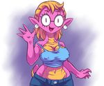  2017 4_fingers abstract_background amphibian anthro blonde_hair breasts clothing covered_nipples cutoffs denim_shorts ear_piercing eyelashes eyewear female gem glasses hair hair_bun hi_res humanoid invalid_tag lizard_tail looking_at_viewer multicolored_scales non-mammal_breasts noseless off_shoulder pearl_(gem) piercing pink_scales pink_skin plagueofgripes pointy_ears portrait raised_eyebrow revealing_clothes salamander sally_(scalie_schoolie) scales scalie scalie_schoolie shirt shorts standing tank_top three-quarter_portrait voluptuous waving webcomic wide_hips yellow_skin 