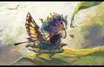  bird blue_hair butterfly_hair_ornament butterfly_wings caterpillar commentary dress eternity_larva green_dress hair_ornament koto_inari leaf leaf_hair_ornament short_hair smile solo touhou water_drop wings 