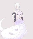  :o buck-satan hair_over_one_eye lamia looking_at_viewer monster_girl monster_girl_encyclopedia pointy_ears red_eyes revealing_clothes ribbon shirohebi_(monster_girl_encyclopedia) snake_tail solo steepled_fingers surprised tail white_hair 