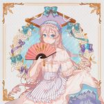  alternate_costume apron blue_bow blue_choker blue_eyes blush border bow braid choker closed_mouth commentary_request cowboy_shot dress drill_hair fan fen_renlei floral_background floral_print folding_fan frills gem hair_between_eyes hairband holding holding_fan ia_(vocaloid) layered_dress layered_sleeves lolita_hairband long_hair looking_at_viewer multicolored multicolored_clothes multicolored_dress paper_fan pink_dress pink_hair purple_bow ribbon short_sleeves single_braid skirt_hold smile solo striped striped_bow tassel vertical-striped_apron vertical_stripes very_long_hair vocaloid waist_apron 