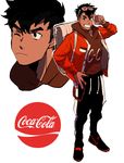  backpack bag coca-cola dark_skin dark_skinned_male full_body hand_on_hip highres hood hoodie kendy_(revolocities) layered_clothing logo looking_at_viewer male_focus nose_piercing one_eye_closed original personification piercing product_boy salute solo standing undercut 