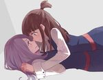  blush brown_eyes brown_hair dress face-to-face from_side hair_tie holding_hands interlocked_fingers kagari_atsuko little_witch_academia long_hair long_sleeves luna_nova_school_uniform multiple_girls one_side_up open_mouth purple_hair red_eyes school_uniform smile sou_(tuhut) sucy_manbavaran sweat topknot yuri 