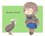  bird blush brown_hair character_name chibi closed_eyes fur_trim kemono_friends kiwi miniskirt multicolored_hair north_island_brown_kiwi_(kemono_friends) open_mouth pantyhose pink_hair pozesuke simple_background skirt solo two-tone_hair typo white_background 